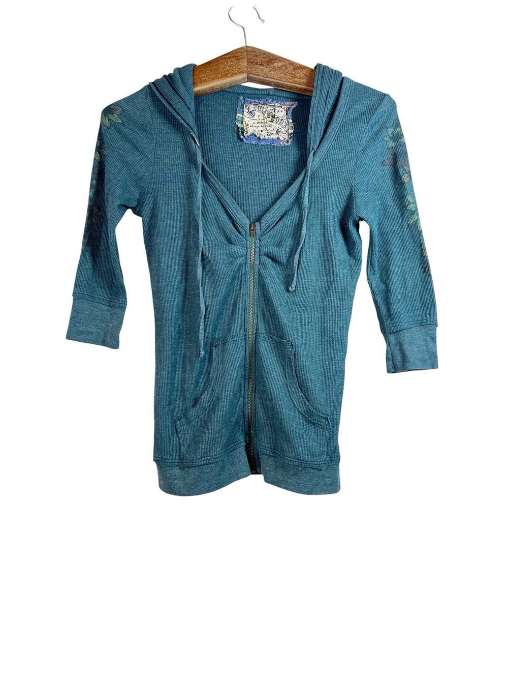 Scrapbook Green Teal Thermal Skull Floral 3/4 Sleeve Sweater Size M Y2K Grunge - Picture 2 of 10